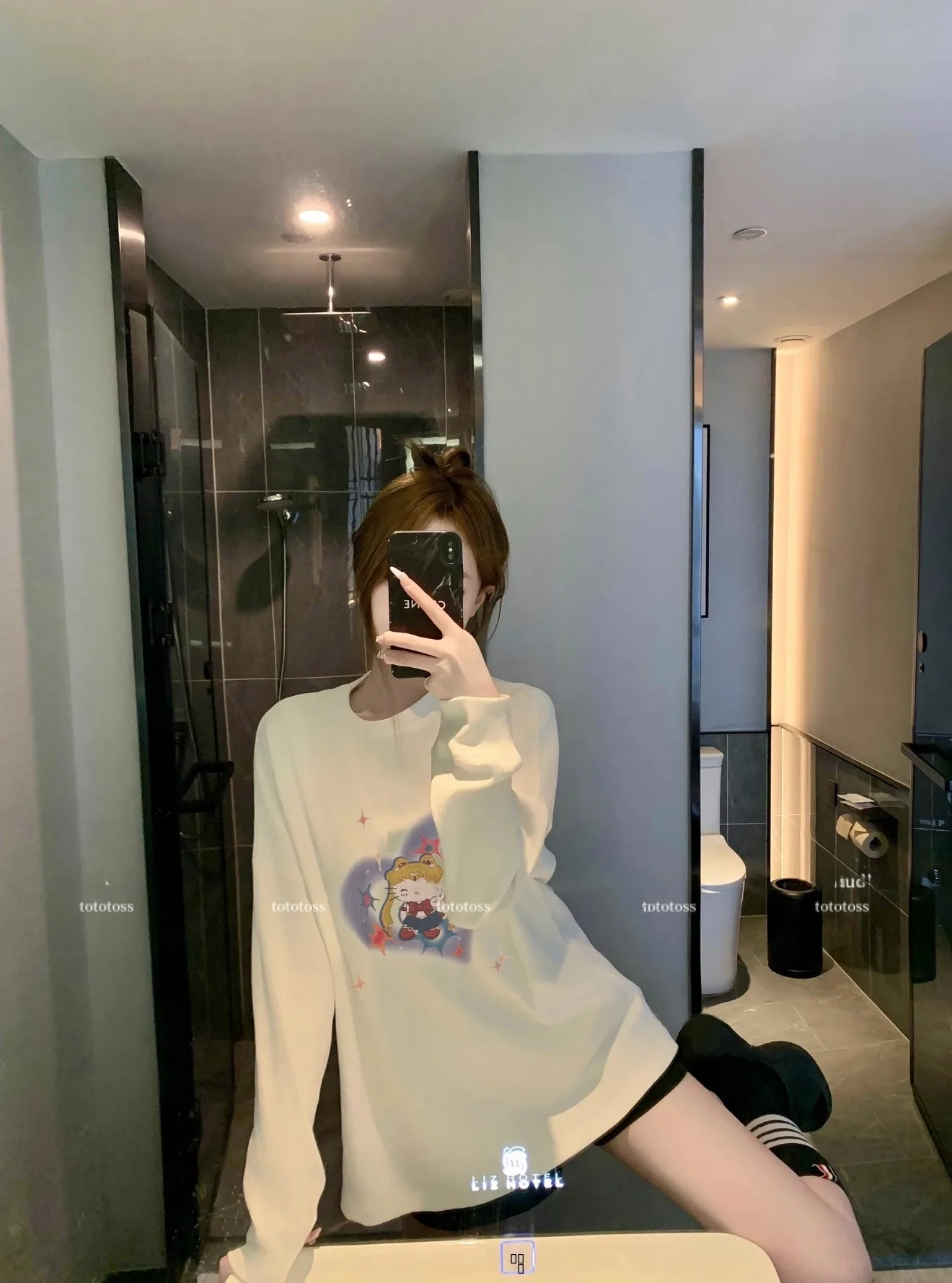 

Seoul Love Kit Long Sve T-irt Loose Comfortable Lazy Sle Mid-Length Base Layer Cotton Printed Women's Faion Top