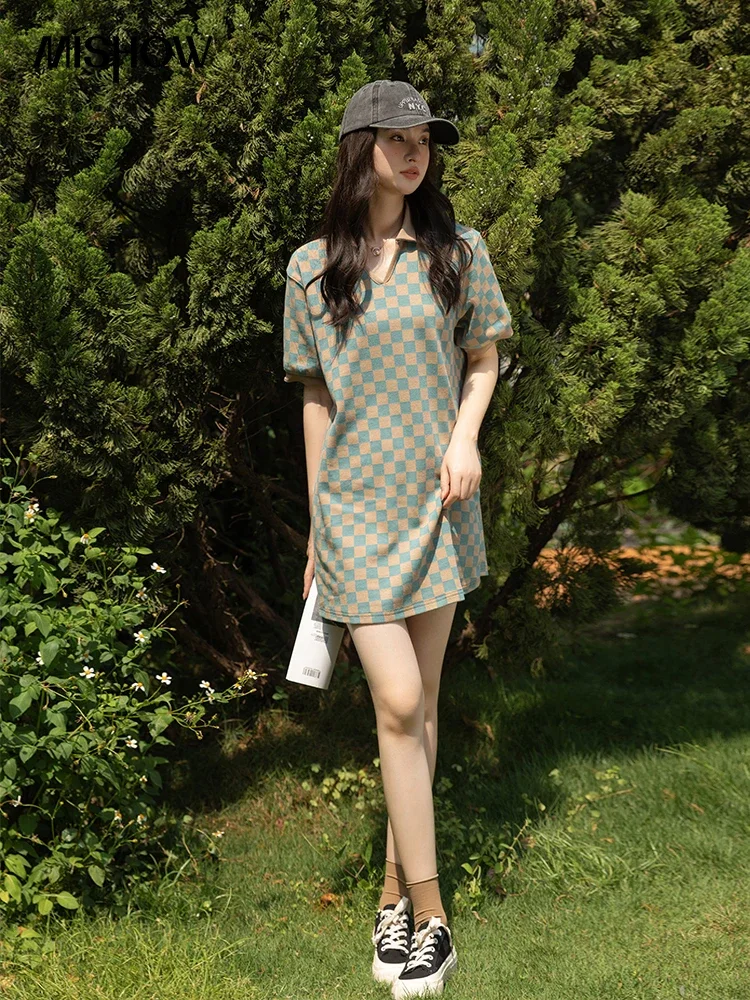 MISHOW Summer Dress for Women Checkerboard Fashion V-Neck Female Korean Loose Elegant A-line Knee-Length Dresses MXB22L0775