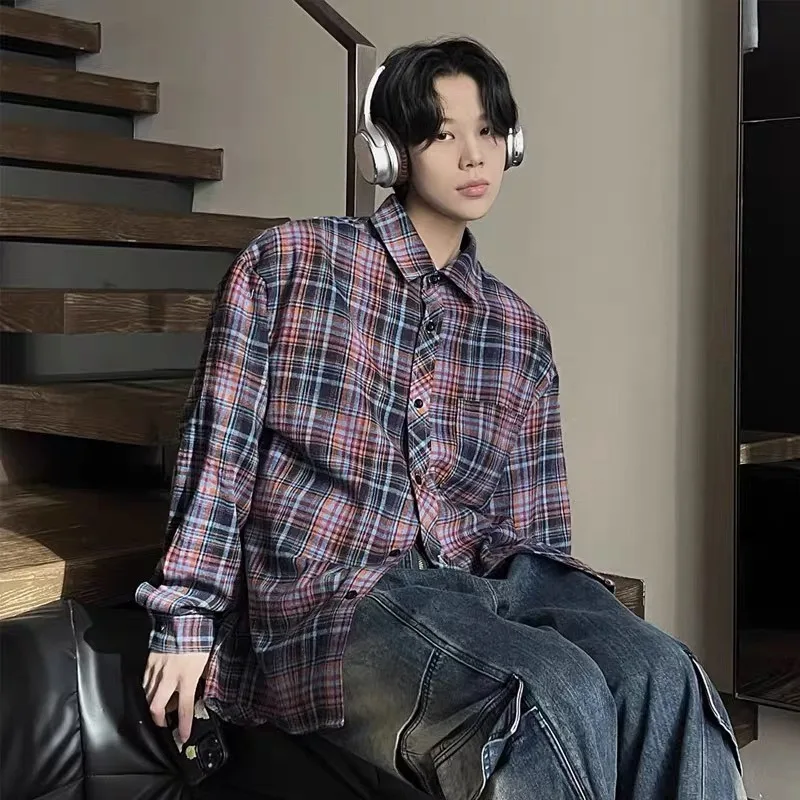 Gradient Purple Checked Shirt Men Thick Warm Winter Outfit Vintage Style Button Up Casual Shirt Jacket Man And Womans New Shirts
