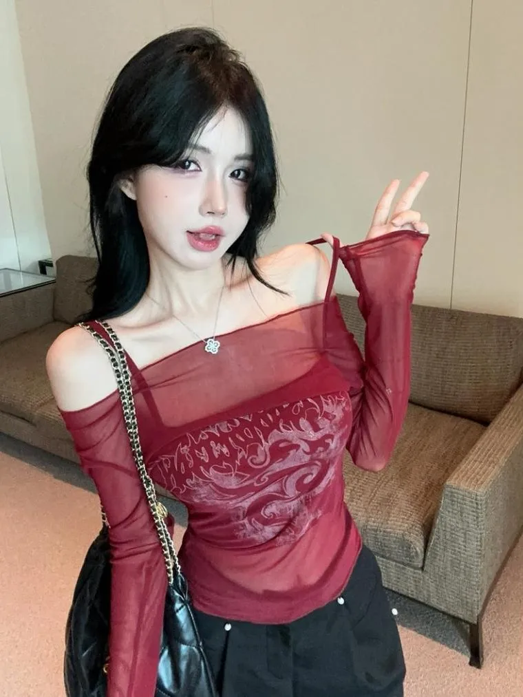 

American Style Sweet Spicy Girl Sexy One Shoulder Top Women Summer See through Lace Sun Protection Cover up Strap Inner Wear ...