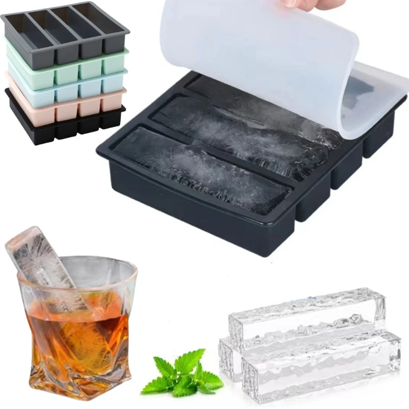 Molde de silicona gigante de 4 rejillas para cubitos de hielo, bandeja de hielo cuadrada larga para whisky, molde de hielo grande duradero no tóxico, herramientas de bar para cócteles