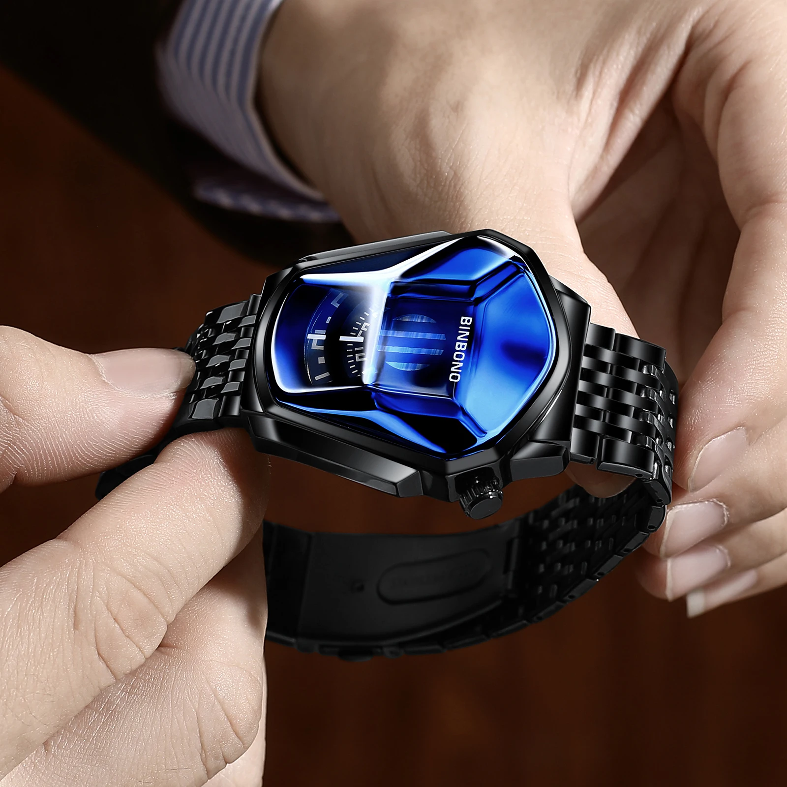 BINBOND Men Popular Fashion Motorcycle Concept Quartz Watch Luminous Stainless steel Strap Touch Screen Black Technology Clock