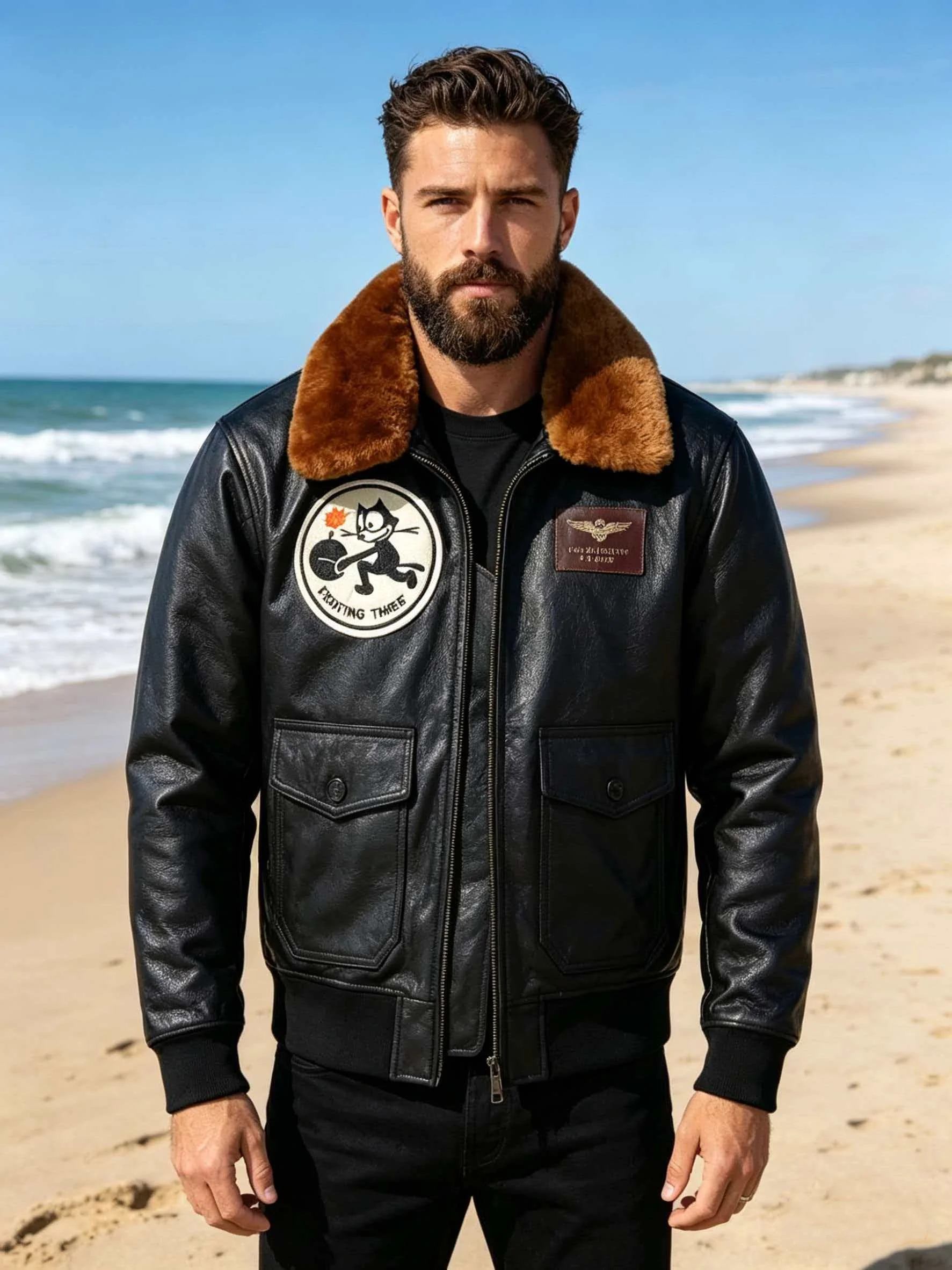 

Black Winter Leather Jacket Men Military Style Plus Size 3XL Genuine Natural Sheepskin Warm Wool Collar G1 Flight Coat