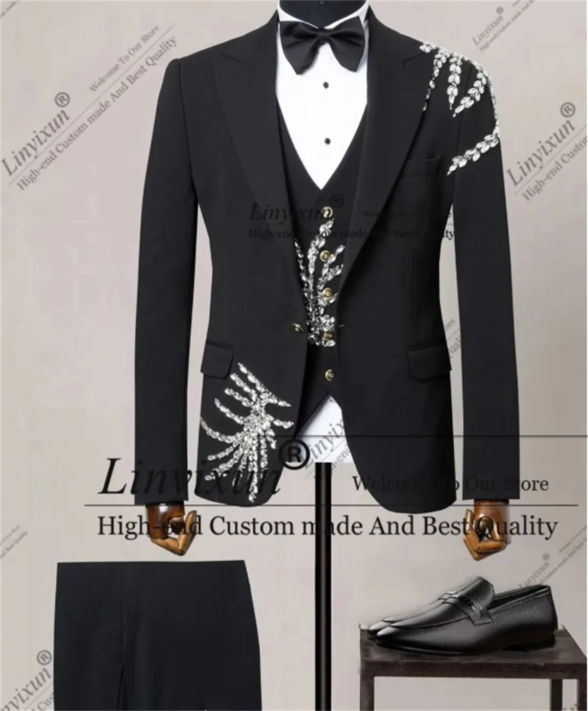 

Формальный мужской костюм, роскошный смокинг для жениха с кристаллами из бисера, комплект из 3 предметов, мужские пиджаки для выпускного вечера, индивидуальные свадебные костюмы для мужчин