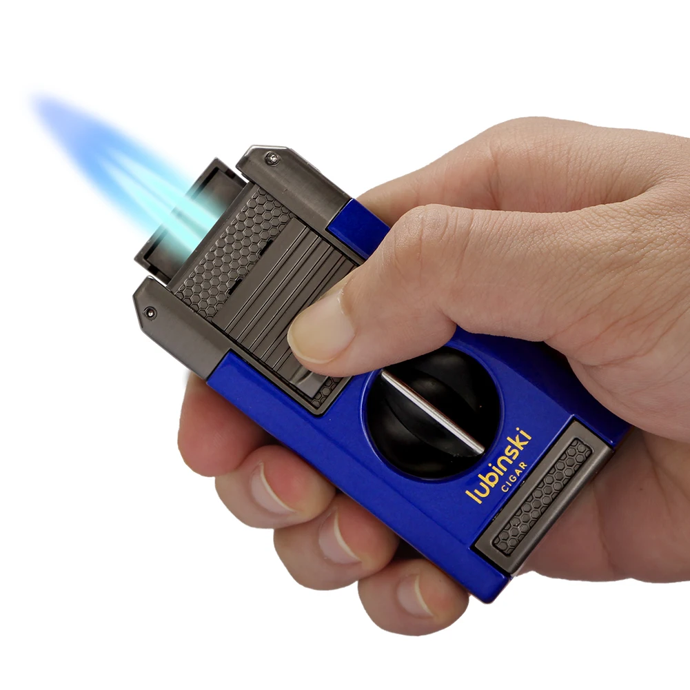 LUBINSKI Cigar Lighter With V Cutter Cigar Punch Needles Metal 2 Torch Butane Gas Jet Lighters