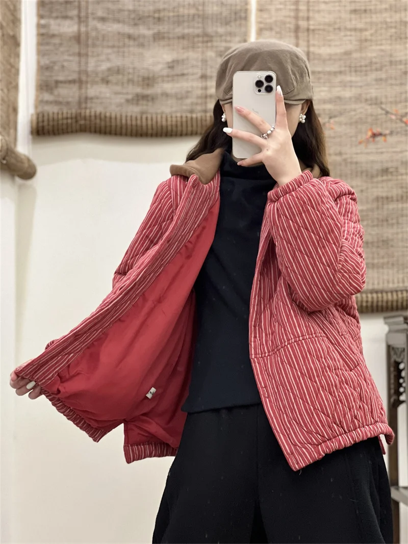 Winter Vintage Style Cotton Linen Stripe Quilted Jacket Thickened Hooded  Women\'s Loose Large Size Warm Plaid Cotton Coat Z3961