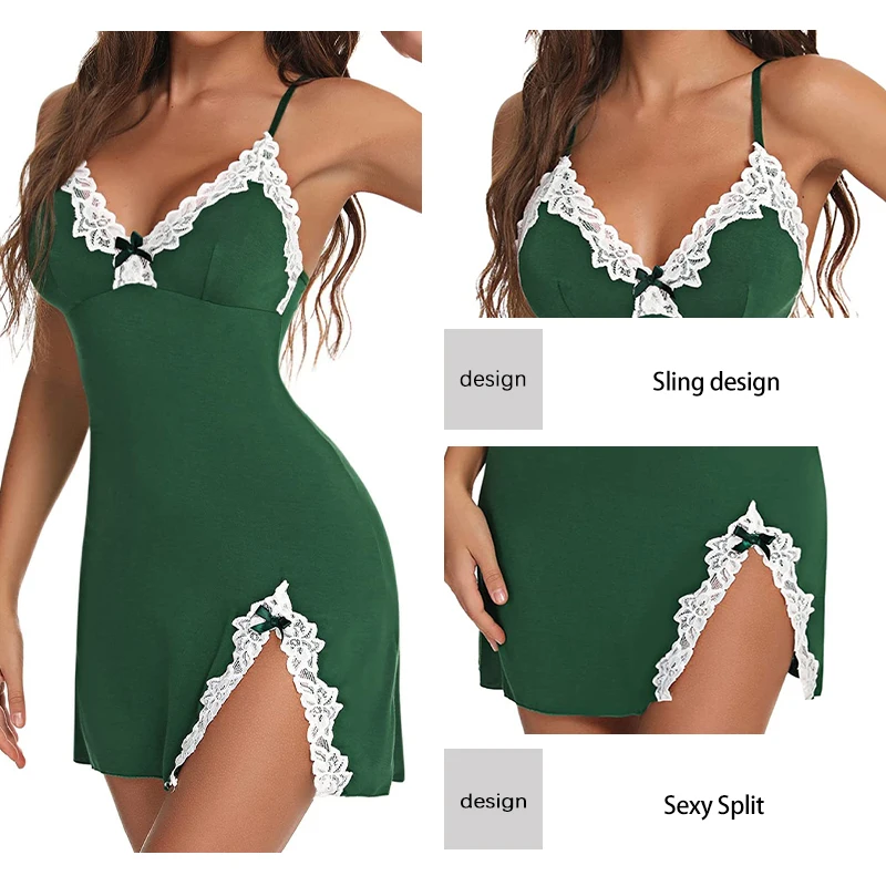 New Summer Fashion Sexy V-Neck Satin Lace Edge Dress Pajamas Women\'s Green Sexy Strap Home Dress Pajama Set