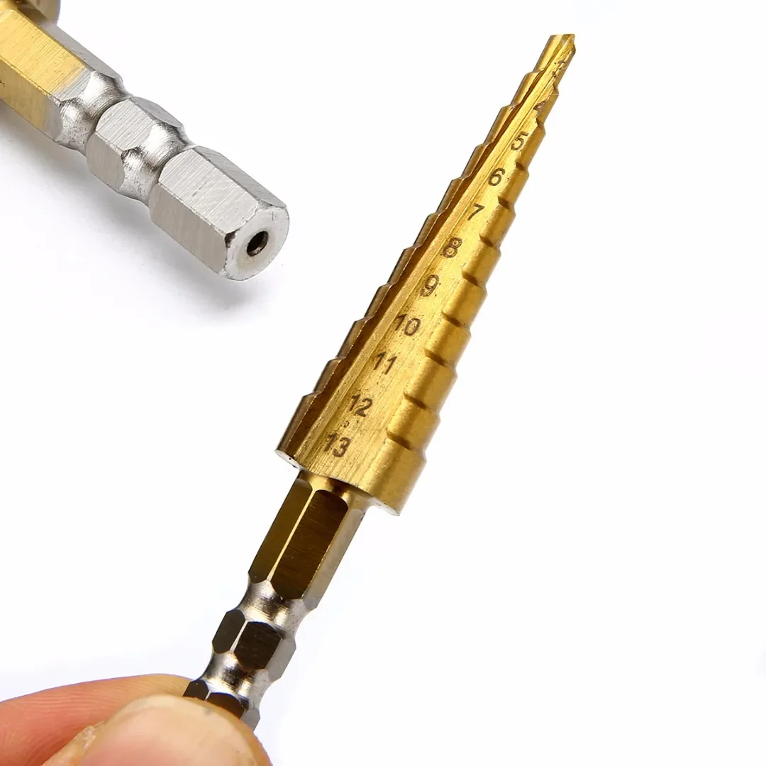 1pc Titanium Coated Step Cone Drill Bit 1/4 inch Hex Shank Woodworking Drilling Tools 3-13mm