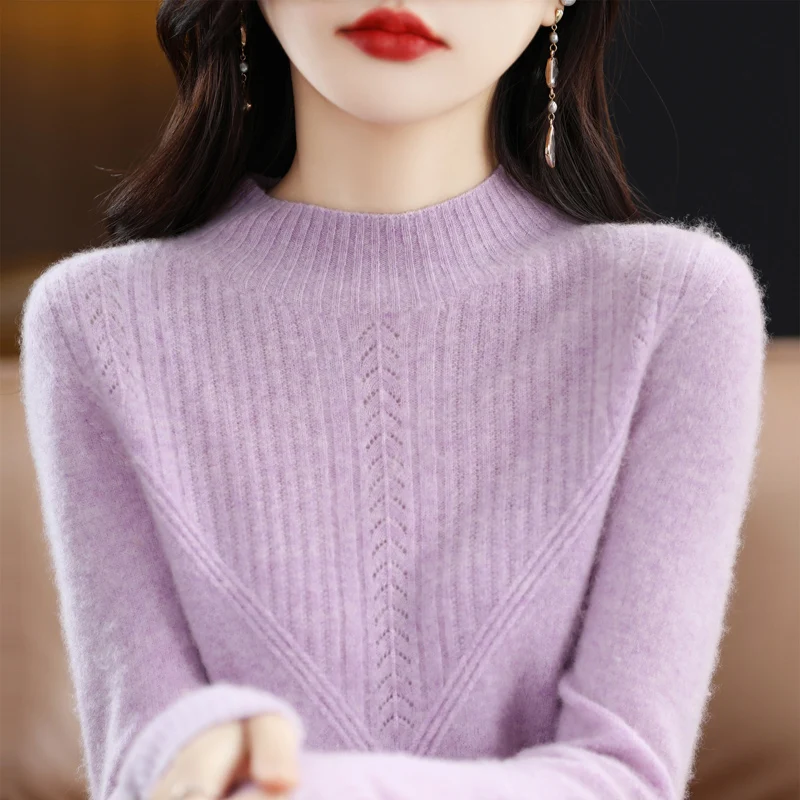 100% pure sweater ladies 2023 autumn and winter new solid color half-height thick fashion loose knit pullover.