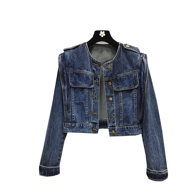 Women Moto Biker Short  Denim Jacket New Spring Autumn Casual Vintage Loose O-Neck Solid Long Sleeve Single Breasted Cowboy Coat