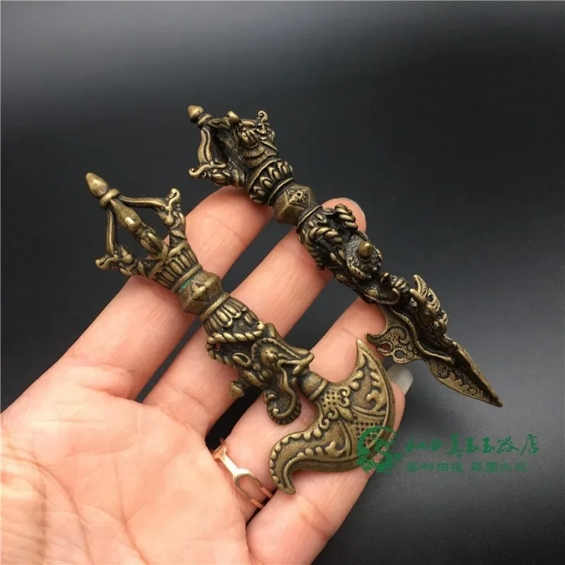 

Rare Tibet Buddhism Bronze Brass Gilt Hatchet Chopper Axe Vajra Dorje Phurpa