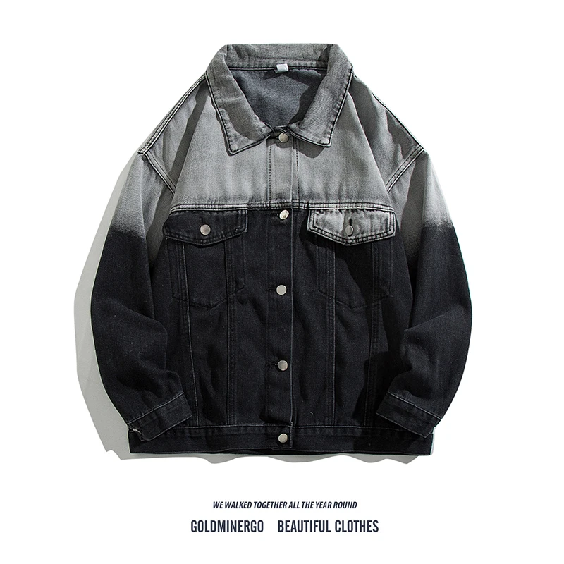 

American High Street Vibe Men's Oversize Workwear Jaet Spring Autumn adient Waed Denim Top Youth Casual Long Sve