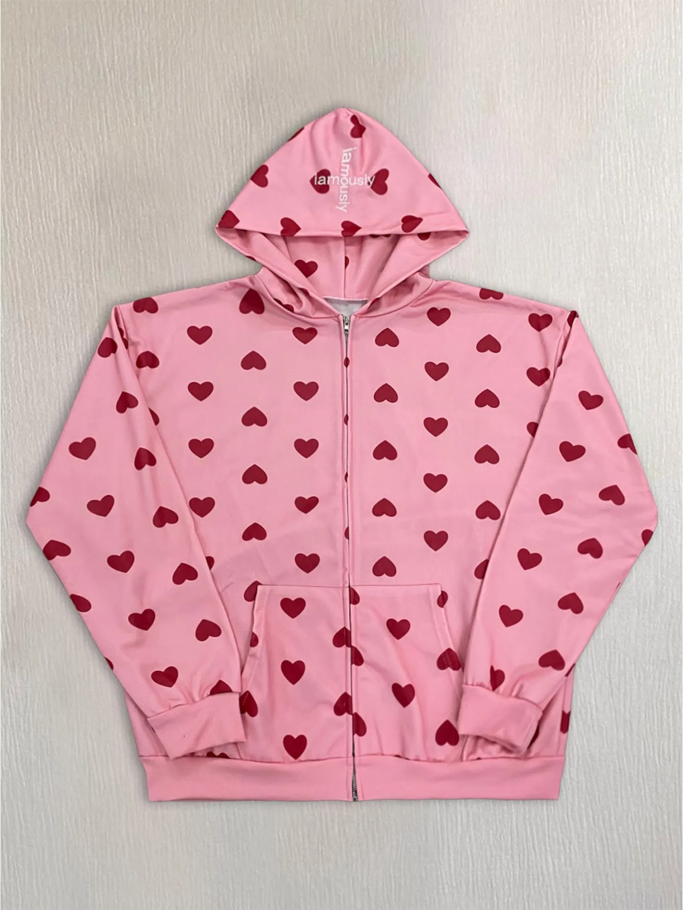 Y2K Burgundy Heart Pattern Hooded Sweatshirt Pink Loose Long Sleeve Zip Cardigan
