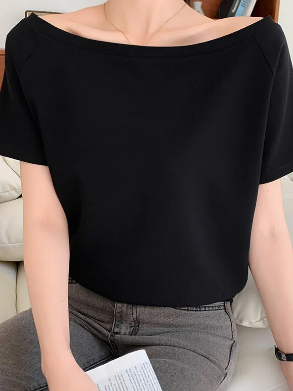 White Shoulder Bared Short Sleeve Loose Fit T-Shirt Women Summer Design Slimming Meat Concealing Lazy Style Top for Ladies