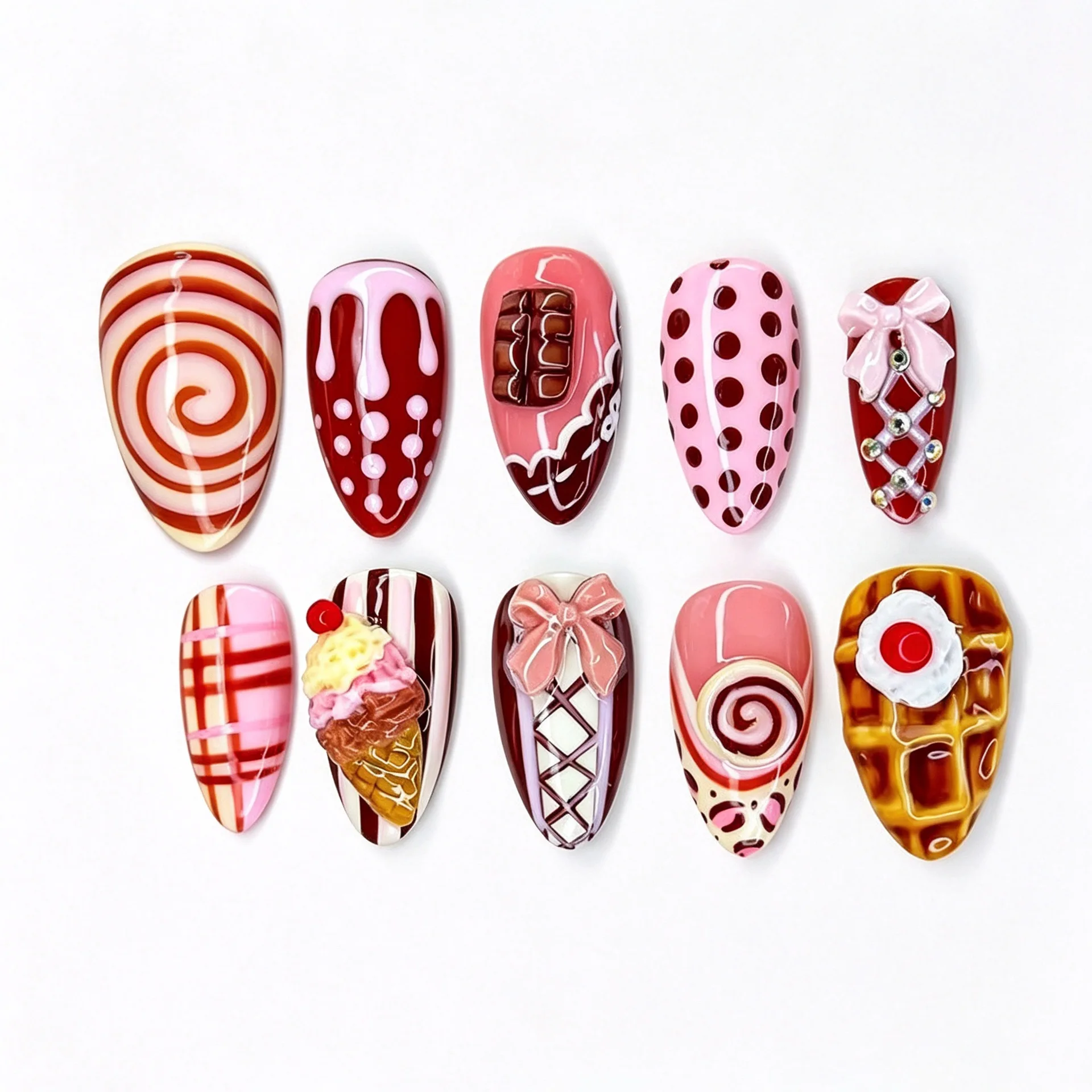 24Pcs Almond Sweet Bow False Nail Lines Polka Dot Full Round Head Nails Tip Handmade Decoration Diamond Press on Nails Fake Set