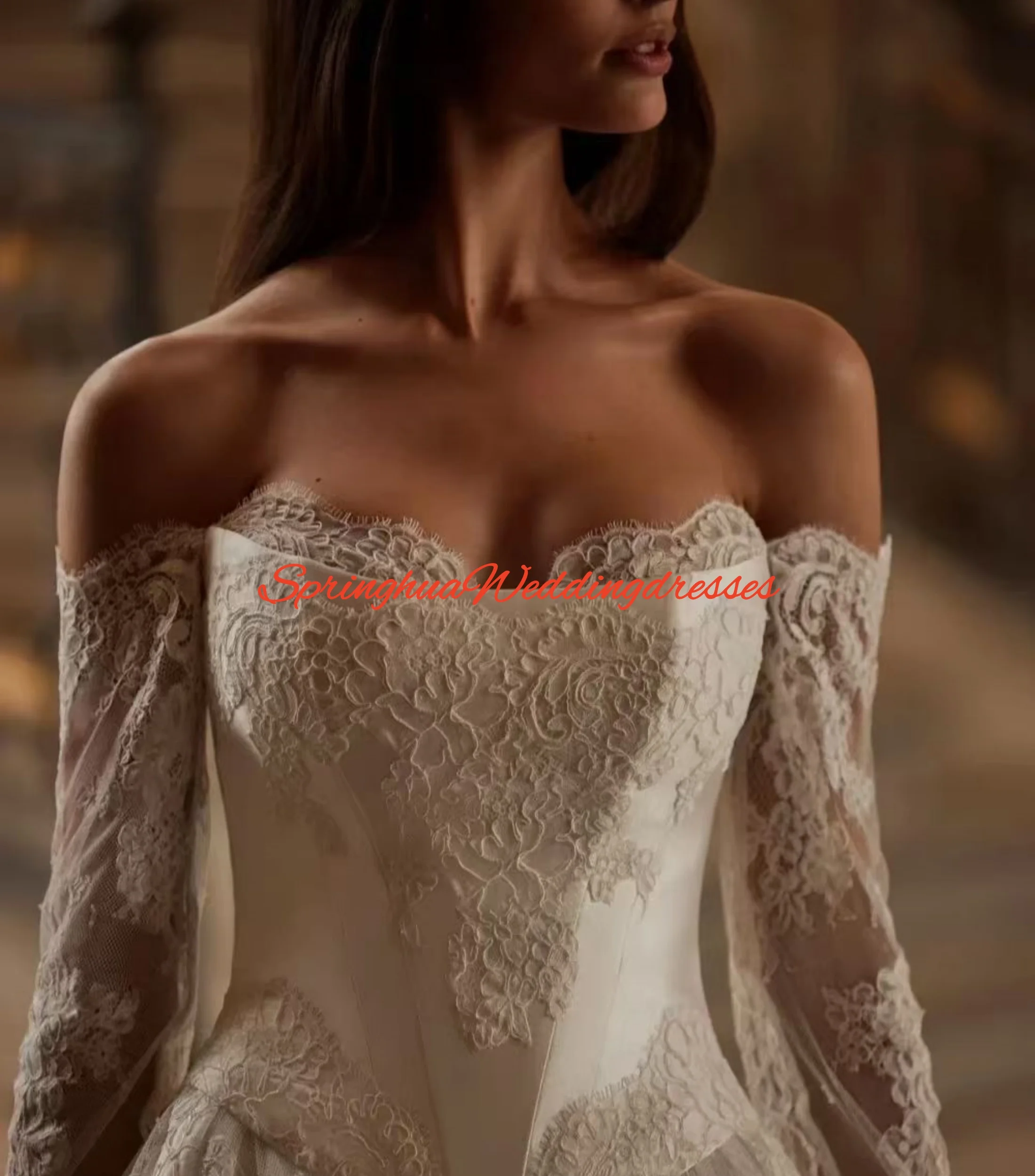 

Свадебные платья на заказ с открытыми плечами, вырезом «сердечко», длинными рукавами, кружевными аппликациями, А-силуэта, в стиле принцесса, Vestidos De Novia