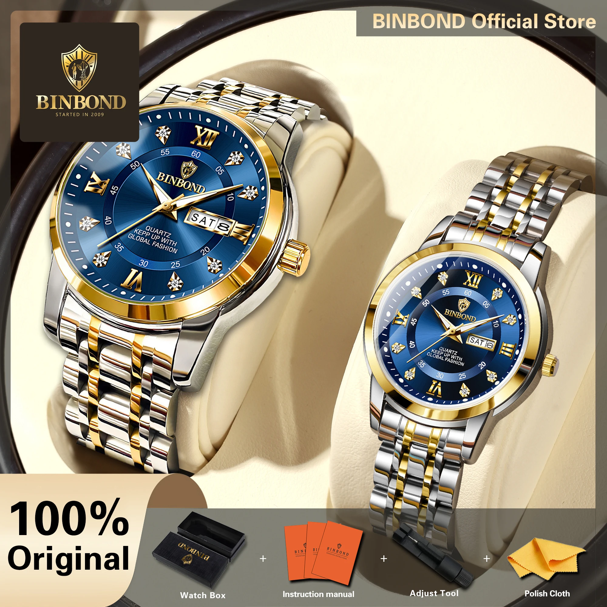 BINBOND Original Quartz Man Watch Waterproof Luminous Watches For Men Luxury Men's Wristwatches Stainless Steel Reloj Hombre