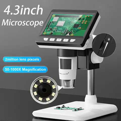 Digital Microscope with 4.3inch IPS Screen 1600X Coin Microscope 2MP USB Professional Electron Microscopios for Watch PCB Repair