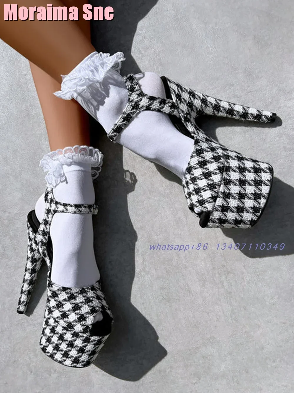 

Peep Toe Platform Sandals Houndstooth Pattern Stiletto Super High Heel Ankle Buckle Strap Sexy Fashion Women's Summer Shoes 2025