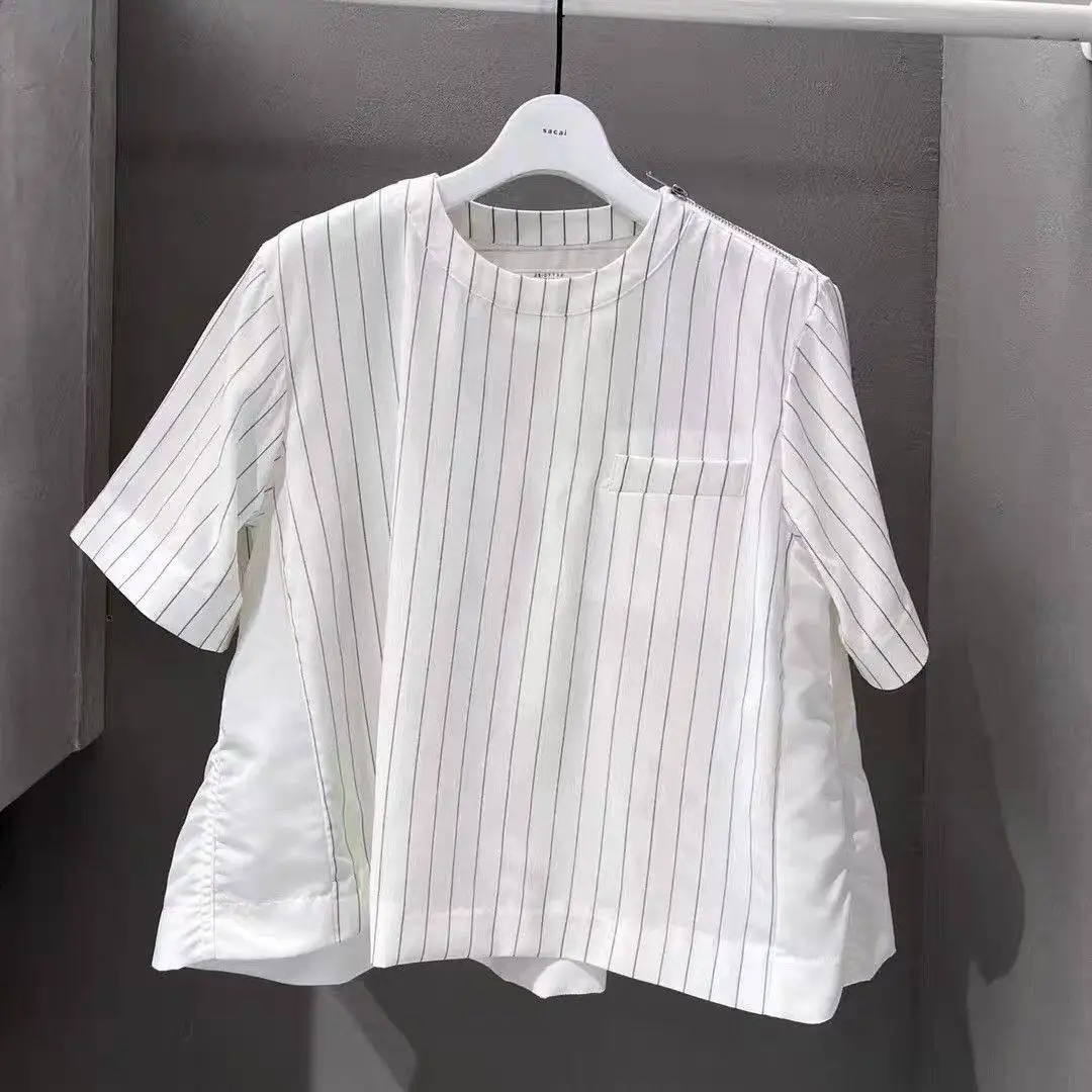 SAC 25 Japanese Striped Splicing Short Sleeve Loose Versatile Crew Neck T-Shirt