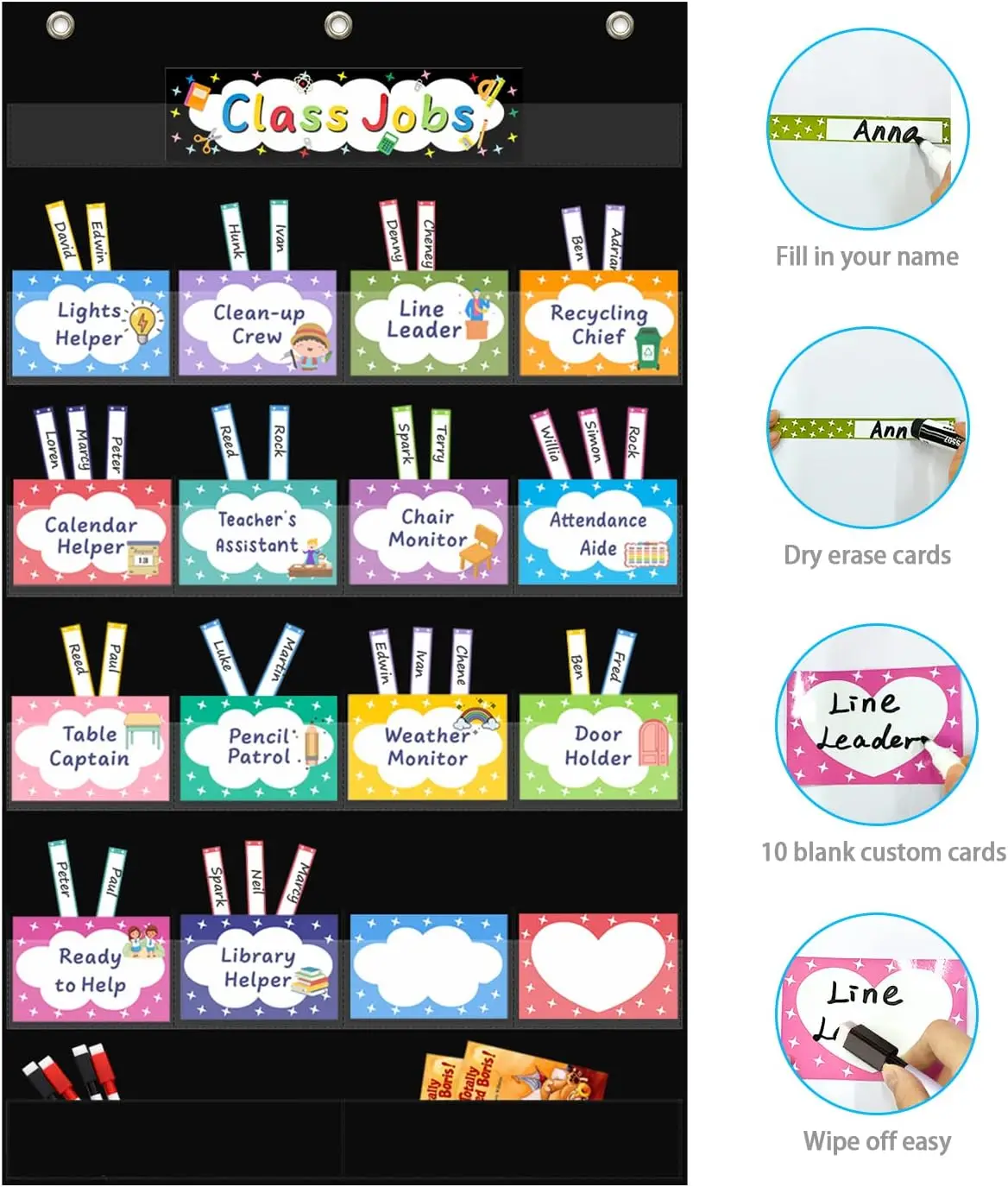 Class Jobs Pocket Chart Class Management Educational Pocket Chart with 70 Colorful Dry Erase Cards and 3 Hooks For Students