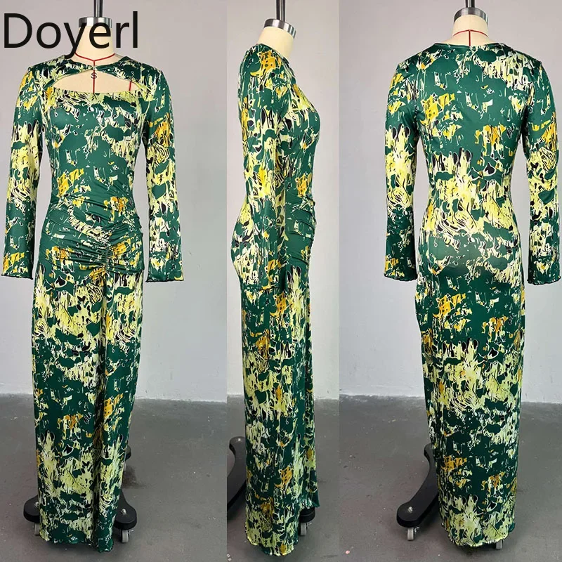 Doyerl Long Sleeve Bodycon Maxi Dresses Women Elegant Cut Out Ruched High Waist Print Sheath Night Club Party Long Dress Robes