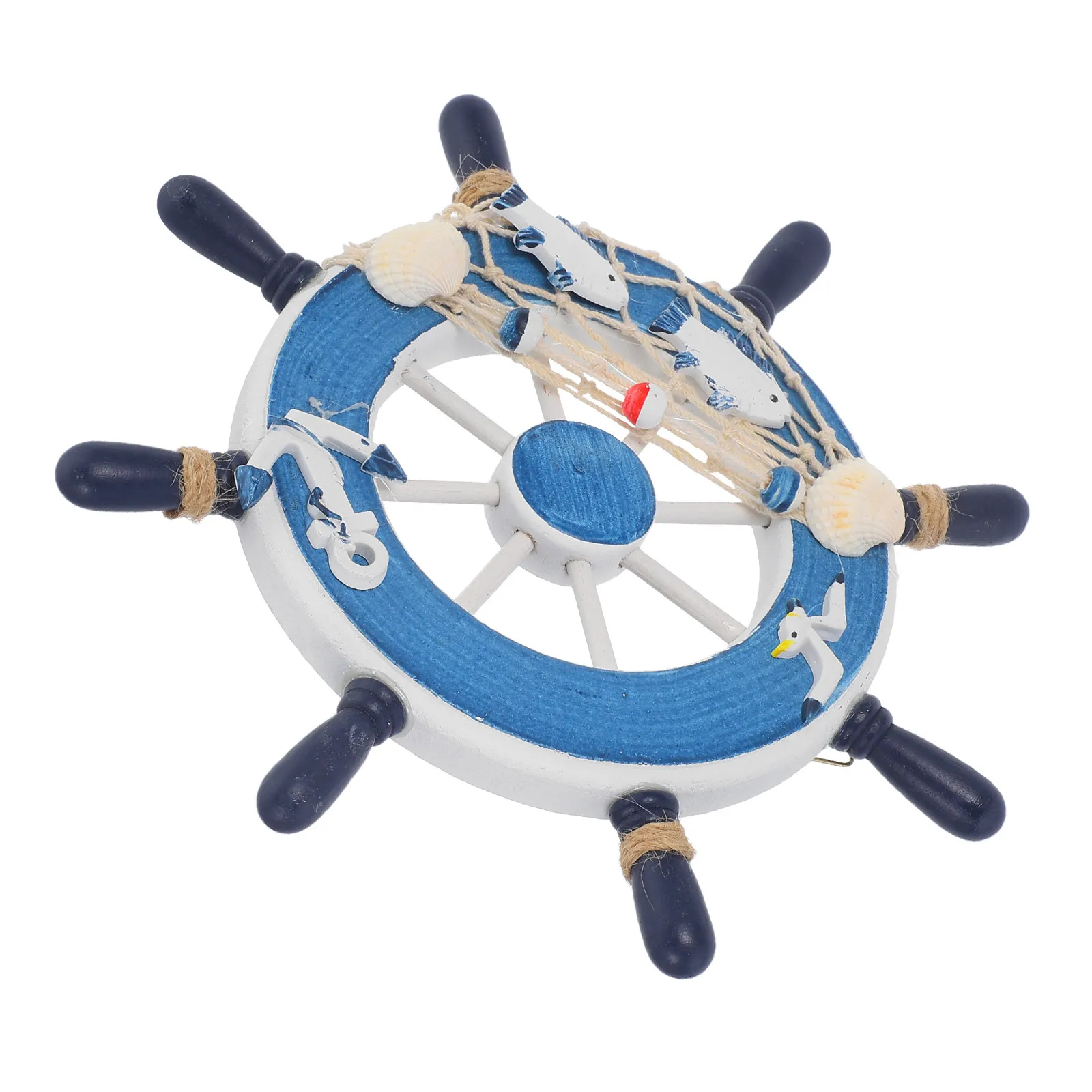 Nautical Wooden Steering Wheel Wall Decor 23Cm Light Blue White Spokes with Fishing Net Shells Rope for Beach Sailing Home