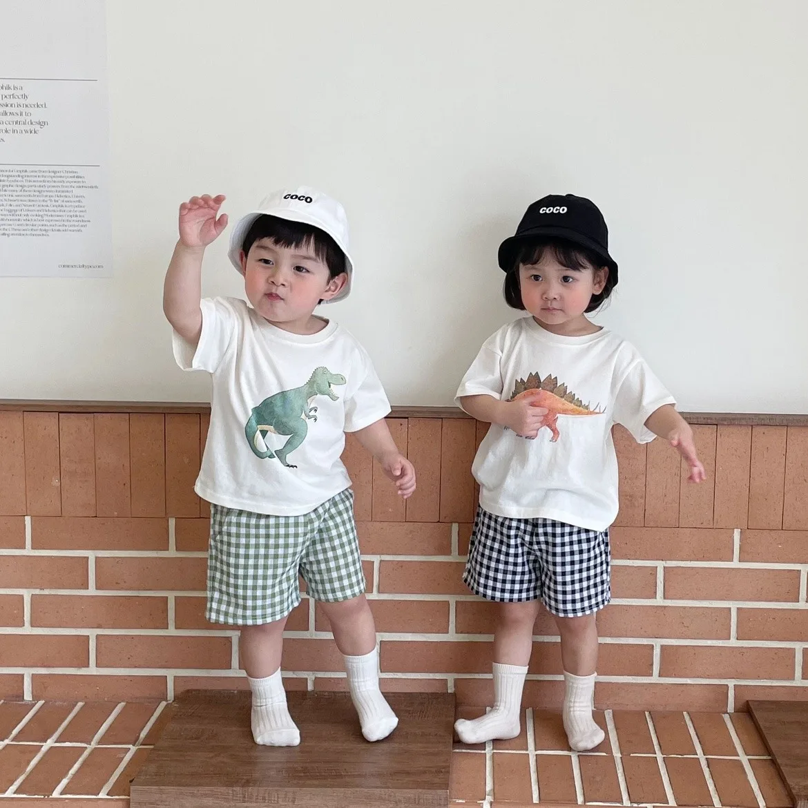 2025 Summer New Children Cute Dinosaur Print Clothes Set Boy Girl Baby Cotton T Shirts + Plaid Shorts 2pcs Suit Toddler Outfits
