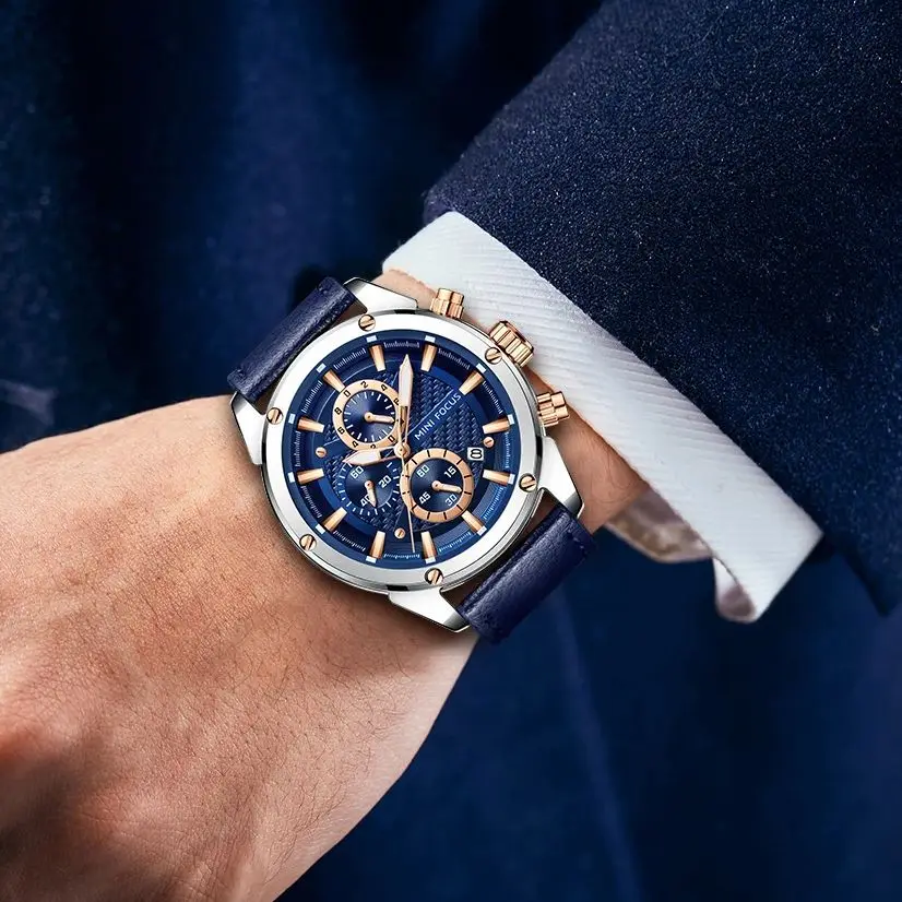 MINI FOCUS Business Quartz Watches for Man Waterproof Luminous Chronograph Wristwatch Leather Strap Clock reloj hombre 0161G