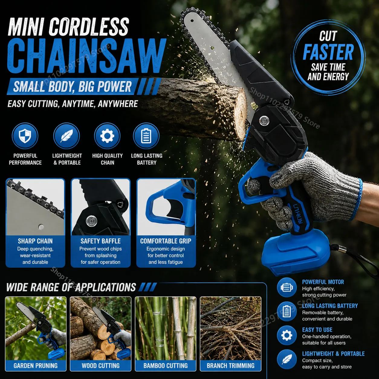 

6 Inch Cordless Electric Chainsaw Handheld Battery Powered Tree Logging Wood Cutting Tool for Yard Gardening and DIY Projects