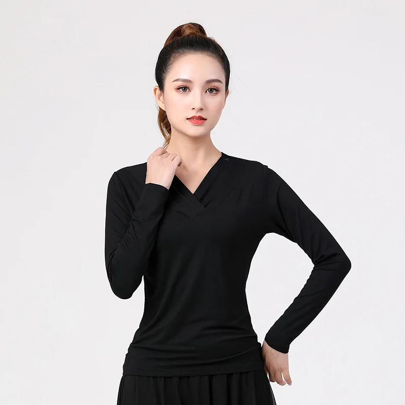 

New Latin Dance Professional Ballroom Dance Tops Women Costume V Collar Long Sleeve Latin Practice Wear Adult Female Latin Shirt