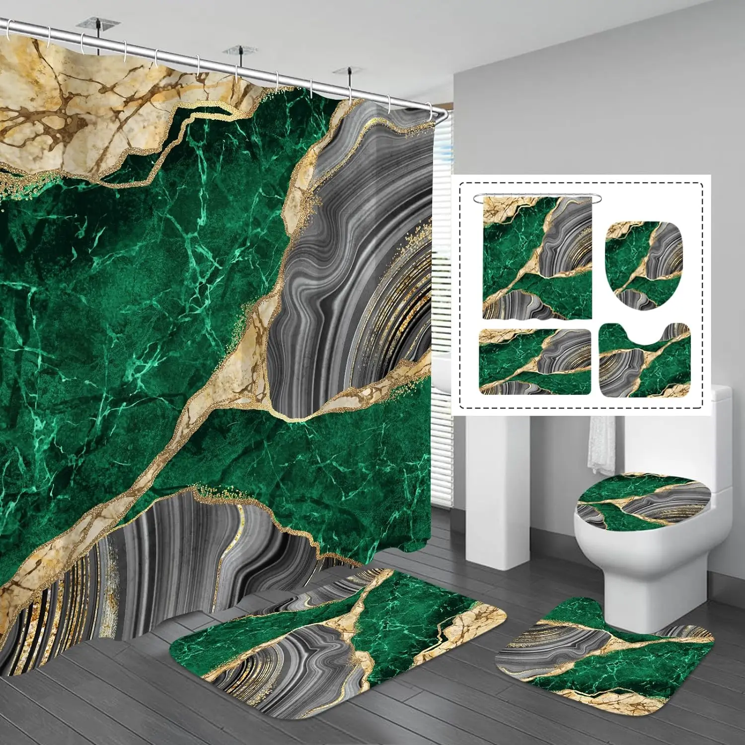 

Green Gold Marble Shower Curtain set Bath mat Carpet Luxurious Abstract Decorative Bathroom Curtain set