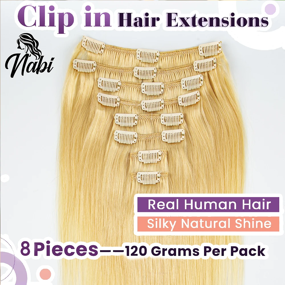 Nabi Clip in Hair Extensions 8pcs/set Straight Seamless Clips in Human Hair Add in for Black Women