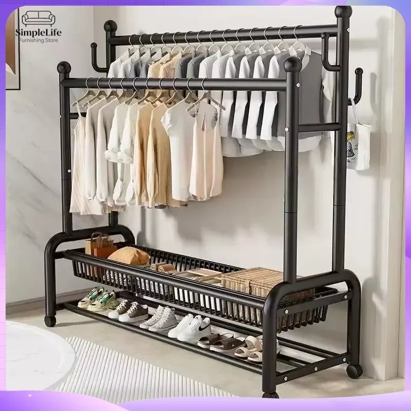 Double Pole Coat Rack Floor Standing Hat Stand Heavy Duty Clothes Hanger Organizer for Bedroom Entryway Hallway Home