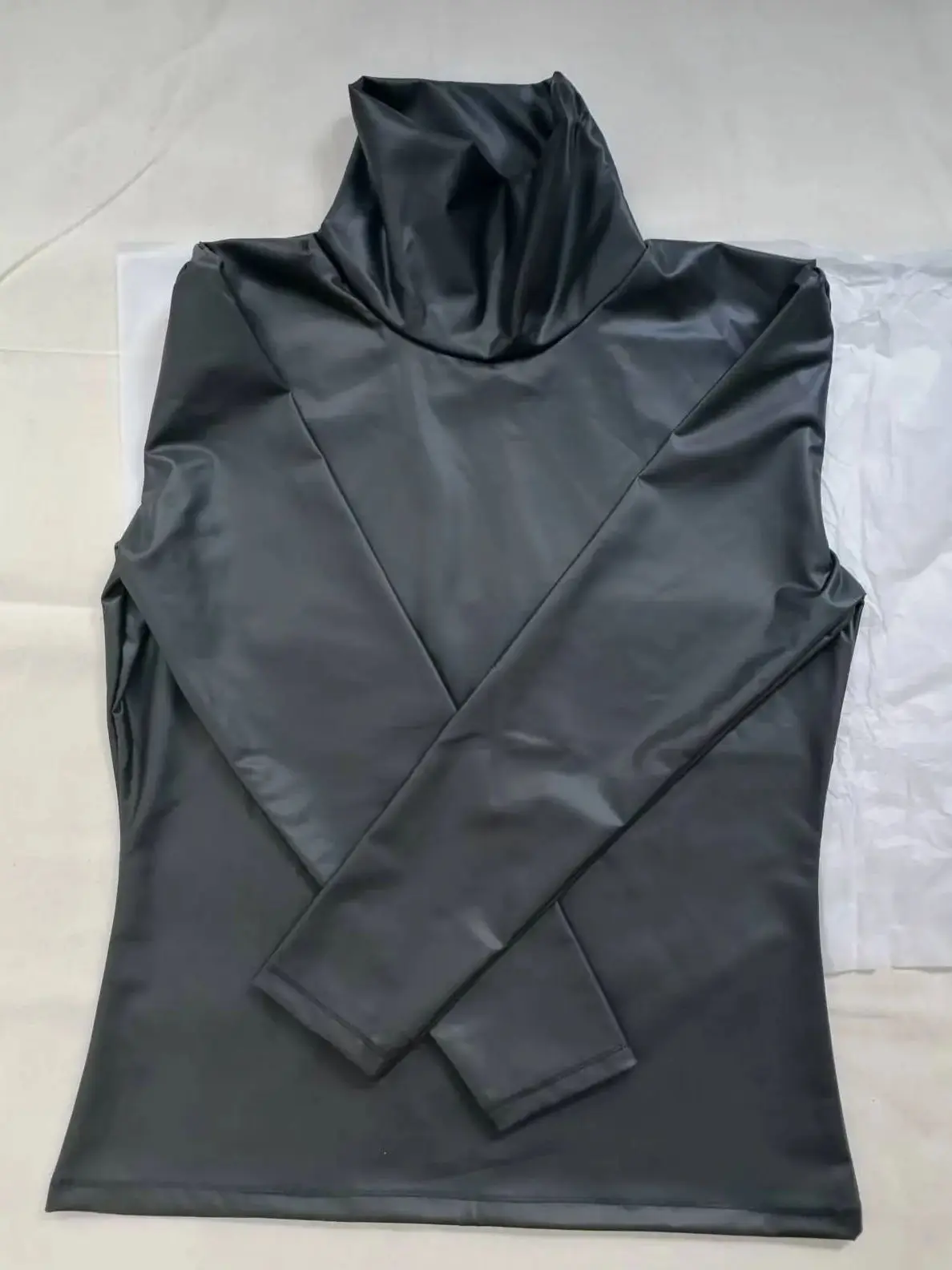 

Футболка с высоким воротником из искусственной кожи (XS-4XL), облегающая, с длинным рукавом, эластичная, для мотоциклистов, фитнеса, уличной моды