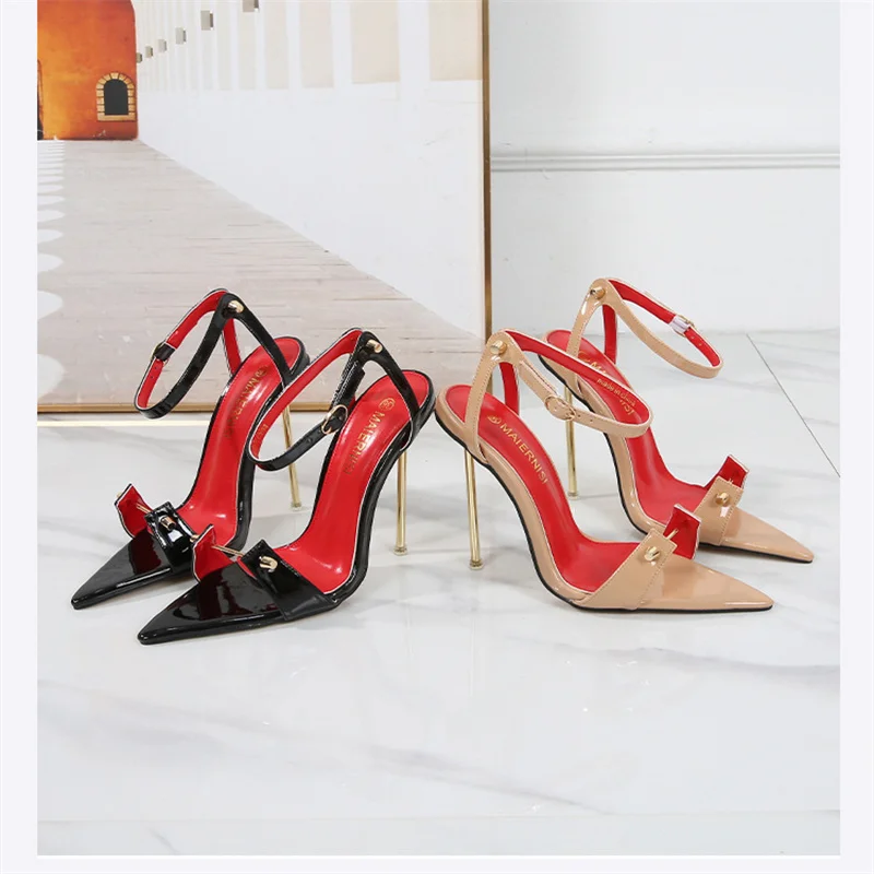 

12cm Metal High Heels Stilettos Sexy Summer Sandal Women Pumps Ankle Strap Fetish Pointed Toe Black Slingback Unisex Shoes