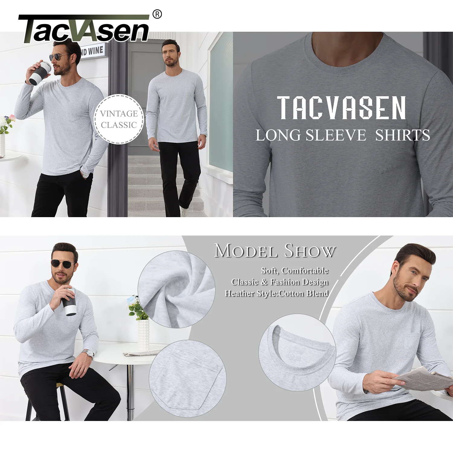 TACVASEN Long Sleeve Cotton T-shirts Mens Chest Pocket Casual T-shirt Moisture Wicking Crew Neck Basic Tee Tops Male Pullover