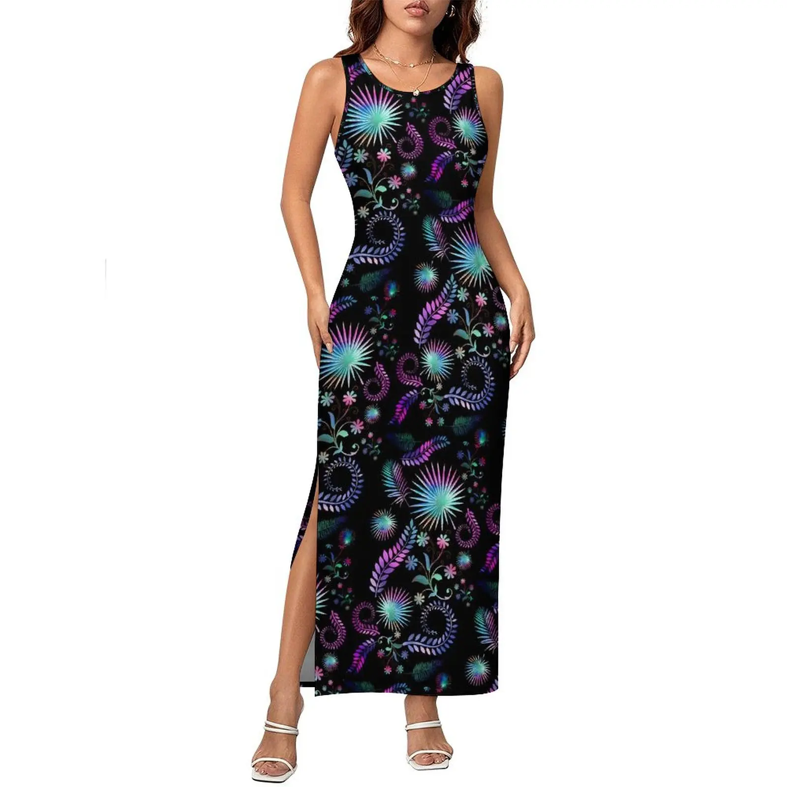 Vestido ajustado para mujer, vestidos largos sexis de plantas tropicales para primavera, vestido estampado de moda coreana sin mangas con flecos de palma, talla grande