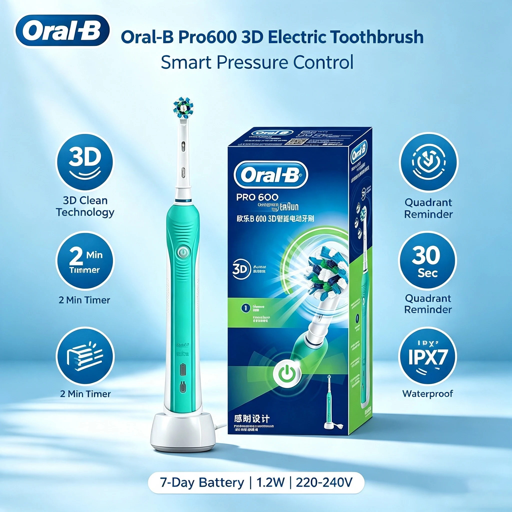Oral-B Pro600 3D Rotating Electric Toothbrush Intelligent Pressure Control 2 Min Timer Rechargeable Toothbrush