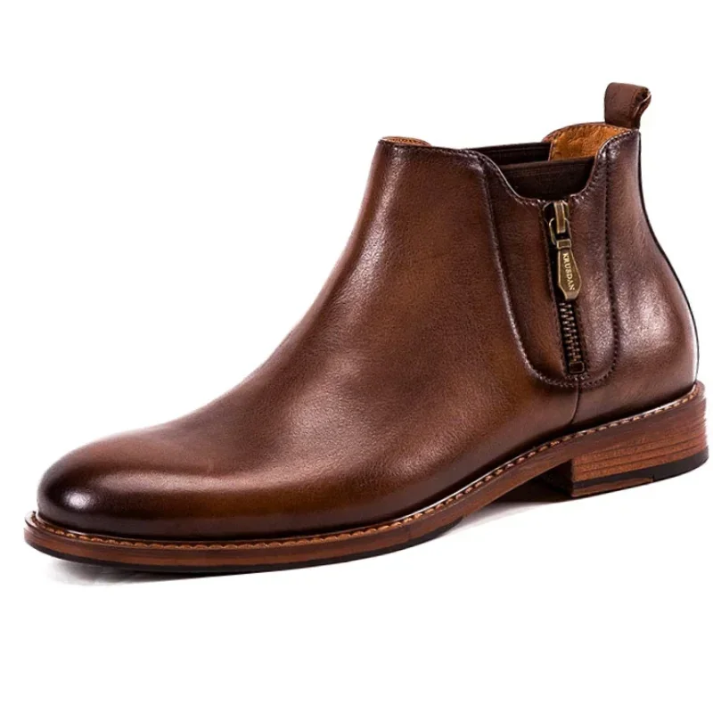Real Cow Leather Mens Ankle Boots Luxury Handmade Genuine Leather British Style New Elegant Black Brown Chelsea Social Shoes Man