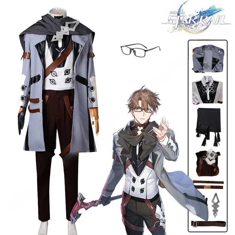 Honkai Star Rail Welt Cosplay Costume pour Homme, Perruque, Uniforme de Jeu, Lunettes, Écharpe, Astral Express, Tenue de ixd'Halloween