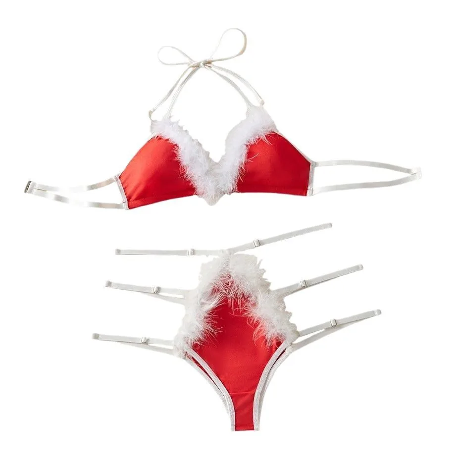New Women's Sexy Three-Point Role Play Lingerie Set, Christmas Style Plush Tie-Up Design
