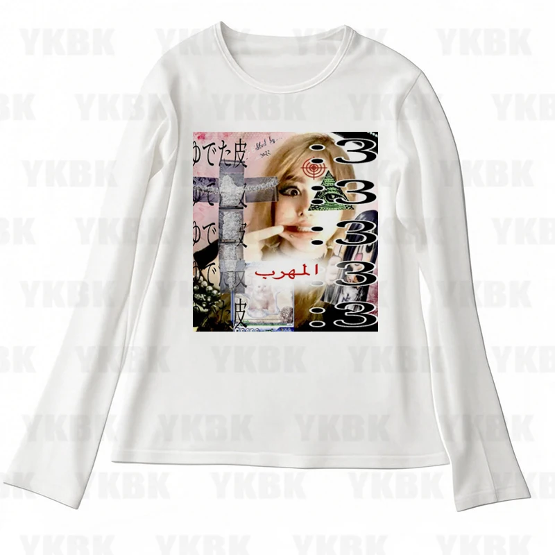 Kawaii Mädchen Langarm-Print-T-Shirts Y2K Slim Fit Fashion Tops Streetwear Damen Harajuku Retro 90er Casual Punk Baby Gothic