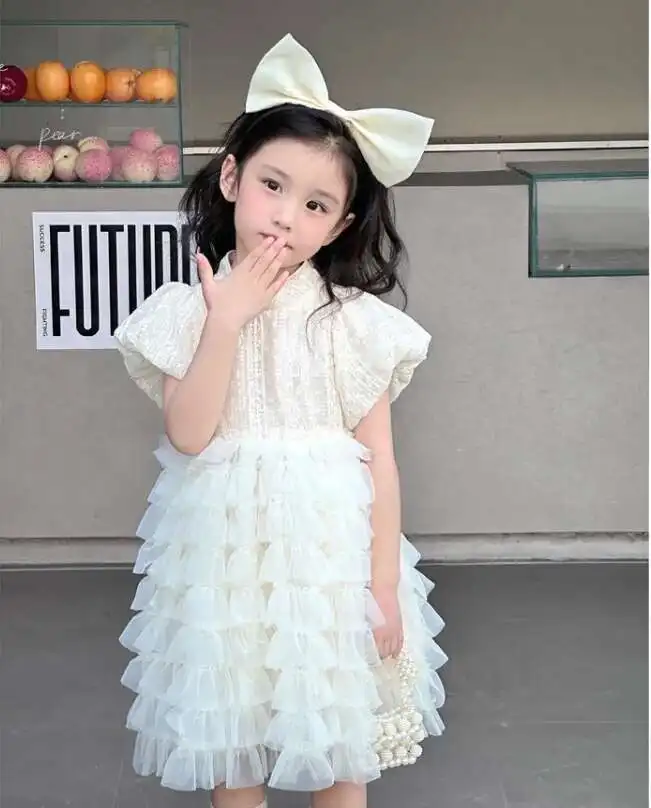 

New Baby Girls Fairy Qipao Mesh Cake Dress, Princess Kids Sweet Fashion Party Dress 3-8T