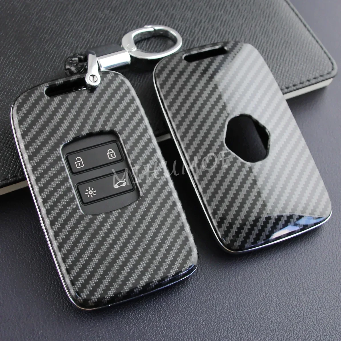 

For Renault Arkana Captur Espace Megane Kadjar Kiger Koleos Talisman Scenic Carbon Fiber Car Key Case Cover Chain Ring Holder