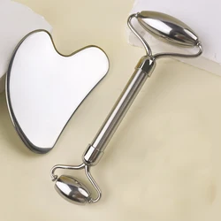 2Pcs Stainless Steel Scraping Board and Face Roller Tool Set, Daily Care Massage Tool, Metal Scraping Tool - Self-Cooling, Sunro