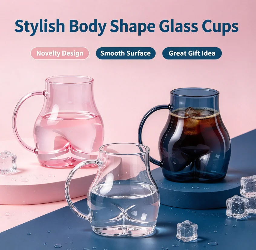 2Pcs Novelty Contoured Glass Mug Set With Handle, Creative Curved Body Drinkware For Coffee Juice Home Bar Table Decor