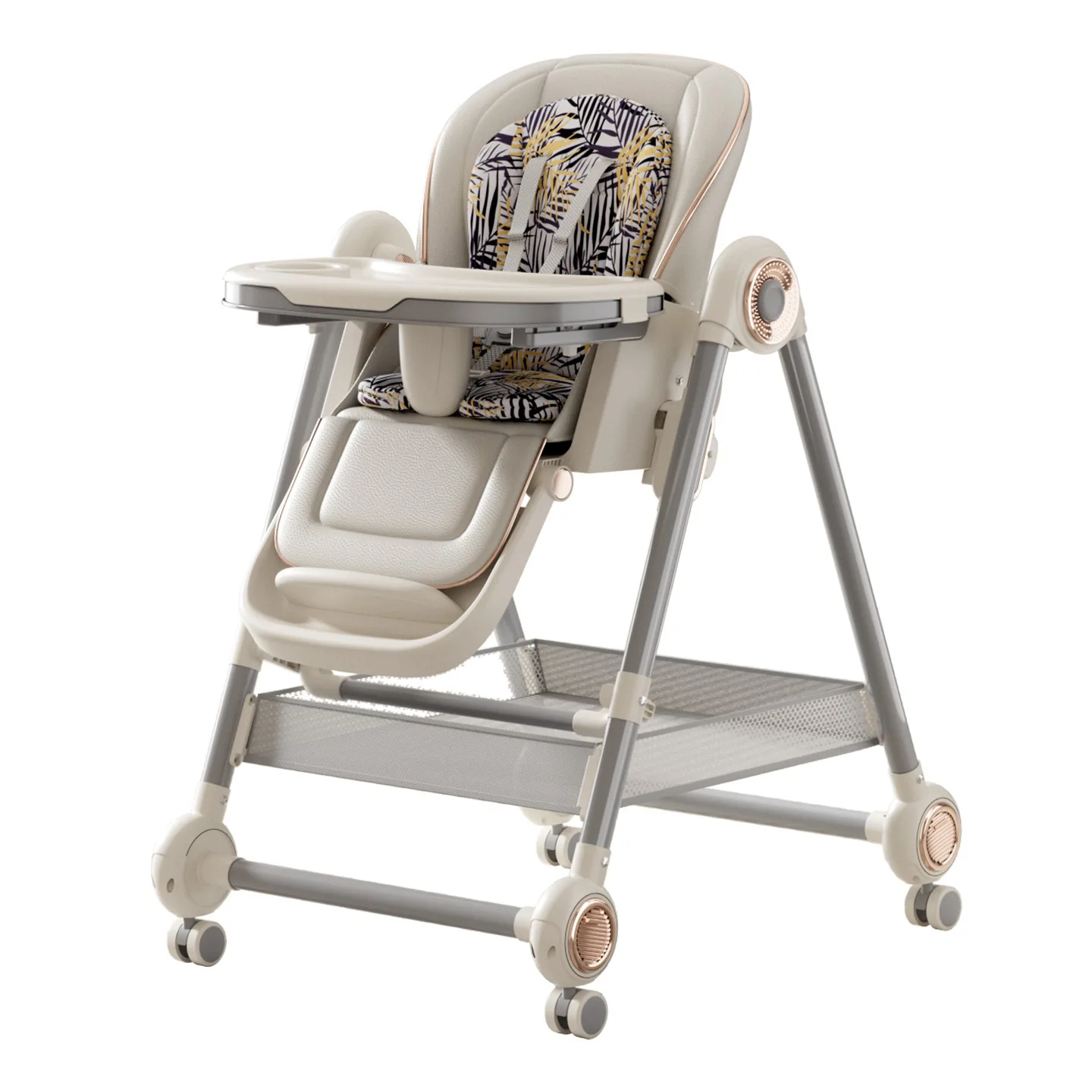 Baby High Chair - Foldable, Multi-Functional, Sitting/Reclining, Height-Adjustable with Removable Wheels, Seat Cushion, and Tray