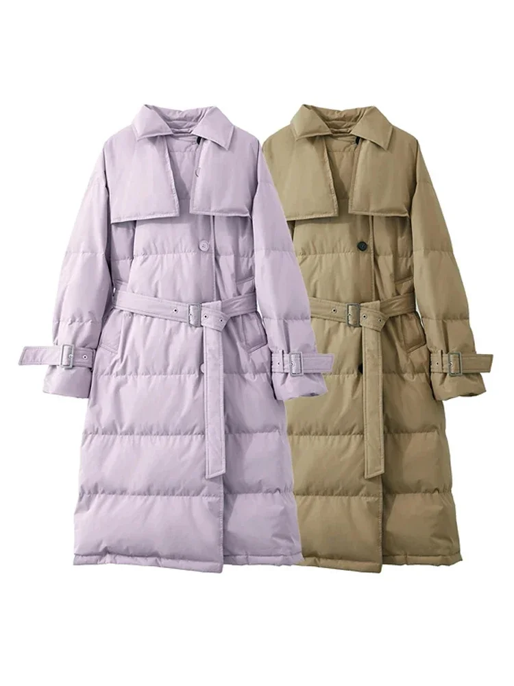 AMII أسفل سترة 2025 شتاء جديد بلون فضفاض مستقيم دافئ مع حزام بلون طويل خندق معطف أسفل سترة 12444053