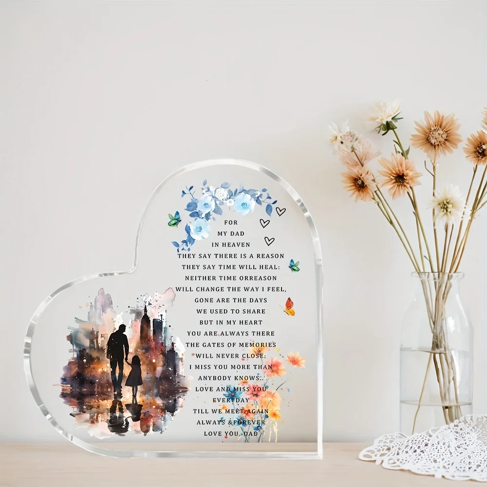 Acrylic Heart Memorial Plaque for Dad from Daughter, Father's Day Gift from Heaven, No Electricity Home Decor